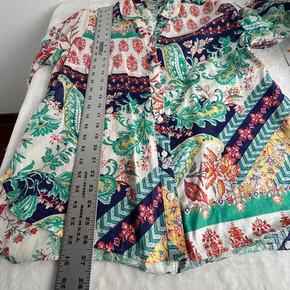 Chico's Green Red Paisley Floral Linen 3/4 Sleeve Button-Up No-Iron Shirt Size 2 - Picture 7 of 7